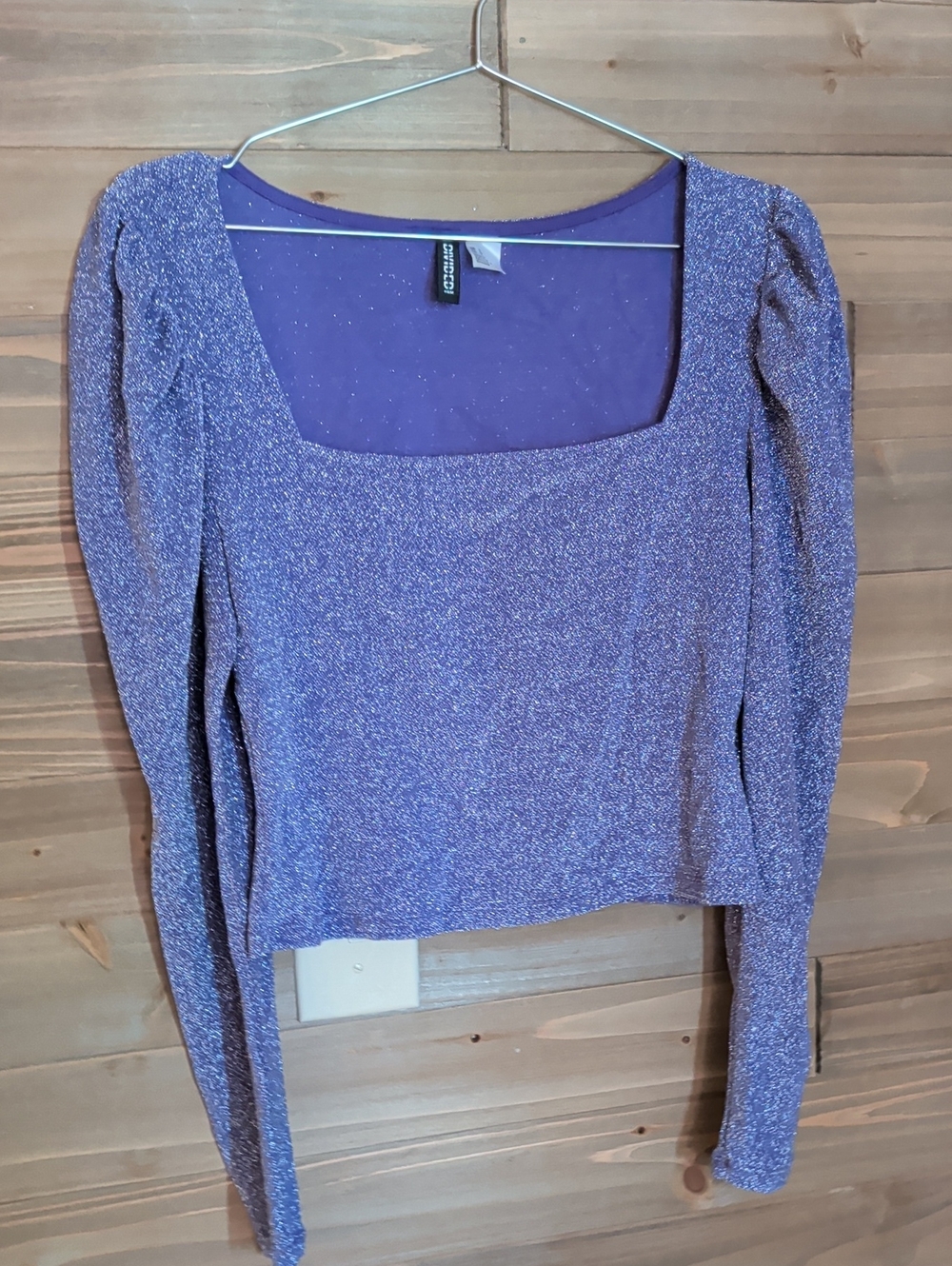 Divided Express Metallic Purple Square Neck Long Sleeve Cropped Top